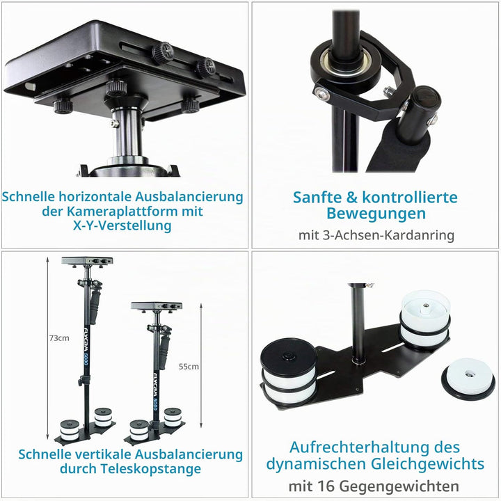 FLYCAM 5000 Videokamerastabilisator mit Komfortarm und Steadycam Weste + GRATIS Tischklemme | Stabil