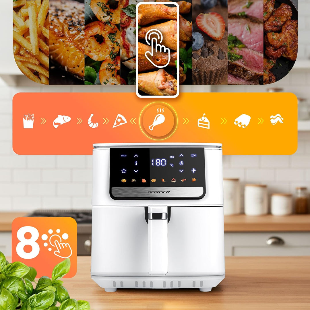 Berdsen Airfryer Heissluftfritteuse - 1700 W 6,5 l - Fritteuse - 8 Programme Touchscreen - Weiss, We