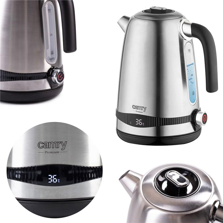 CAMRY CR 1291 Wasserkocher aus Edelstahl, 1,7L, Maximalleistung 2200 W, LCD-Temperaturanzeige, Kalkf
