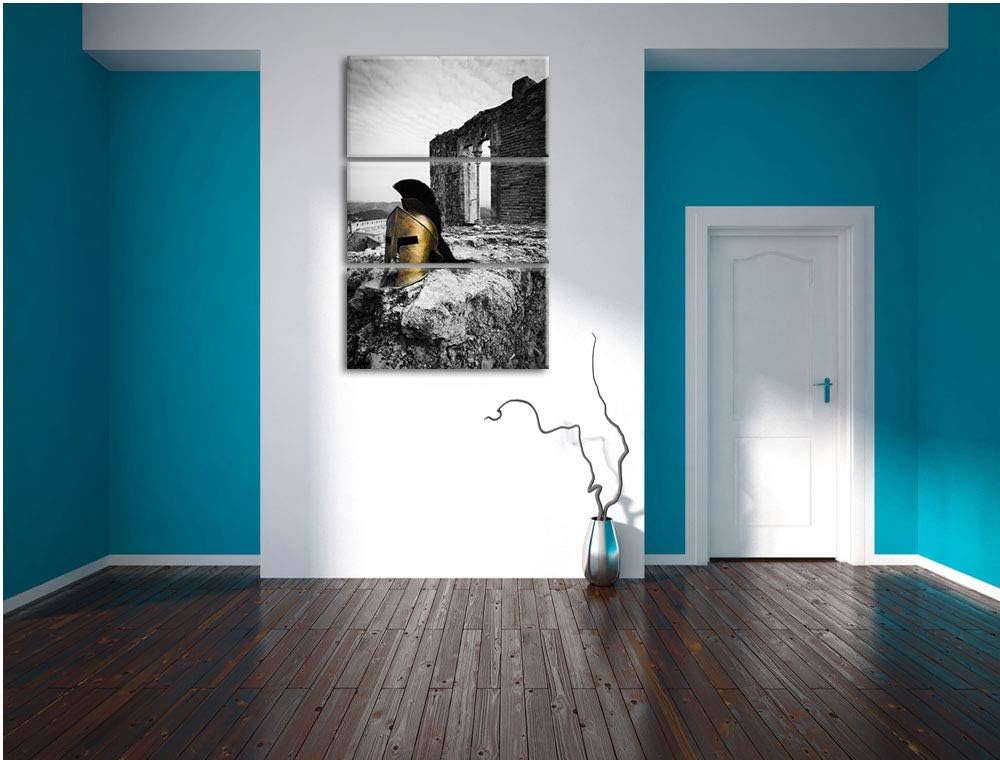 alter Helm einer Rüstung vor Ruine schwarz/weiss 3-Teiler Leinwandbild 120x80 Bild auf Leinwand, XXL