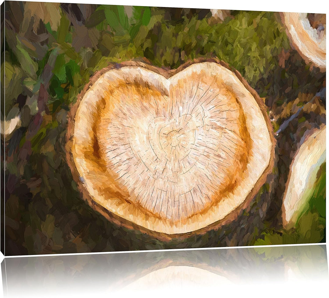 Pixxprint Herzförmige Jahresringe am Baumstamm Kunst Pinsel Effekt, Format: 100x70 auf Leinwand, rie