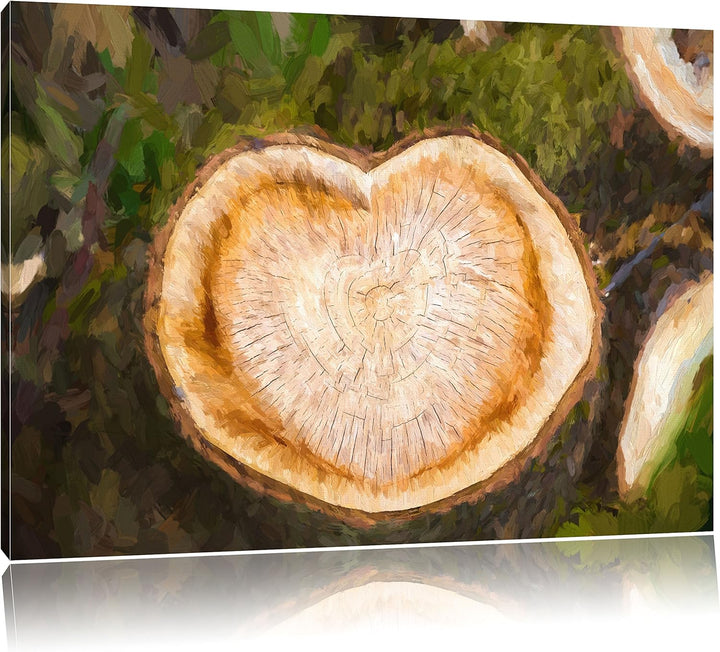 Pixxprint Herzförmige Jahresringe am Baumstamm Kunst Pinsel Effekt, Format: 100x70 auf Leinwand, rie