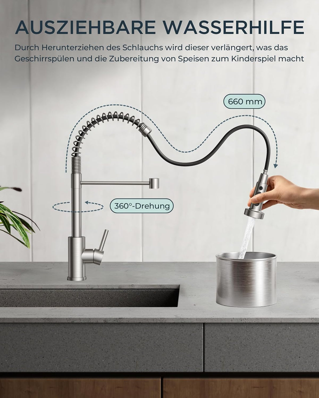 FORIOUS Wasserhahn Küche, Wasserhahn Küche Ausziehbar, 360° Schwenkbar Spiralfeder Spültischarmatur