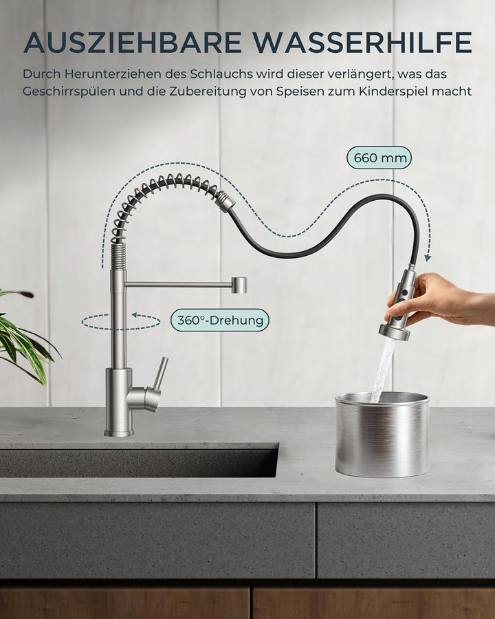 FORIOUS Wasserhahn Küche, Wasserhahn Küche Ausziehbar, 360° Schwenkbar Spiralfeder Spültischarmatur