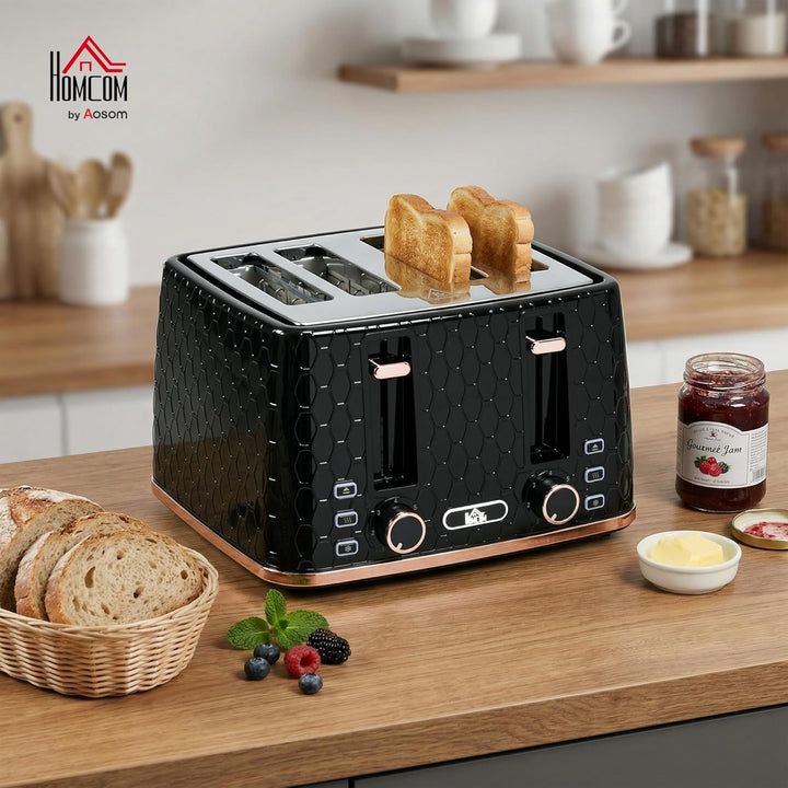 HOMCOM Toaster 4 Scheiben mit 7 Bräunungsstufen, Edelstahl mit Brötchenaufsatz, Auftaufunktion, Aufw
