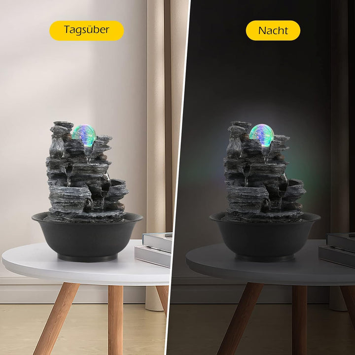 Dyna-Living Zimmerbrunnen Tischbrunnen mit Rollender Kugel, Brunnen Polyresin Springbrunnen LED-Bele