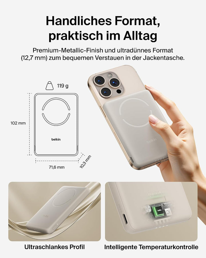 Belkin BoostCharge 5000mAh Magnetische Power Bank mit Magnetring – Beige | 5K Powerbank Kabellos, Ma