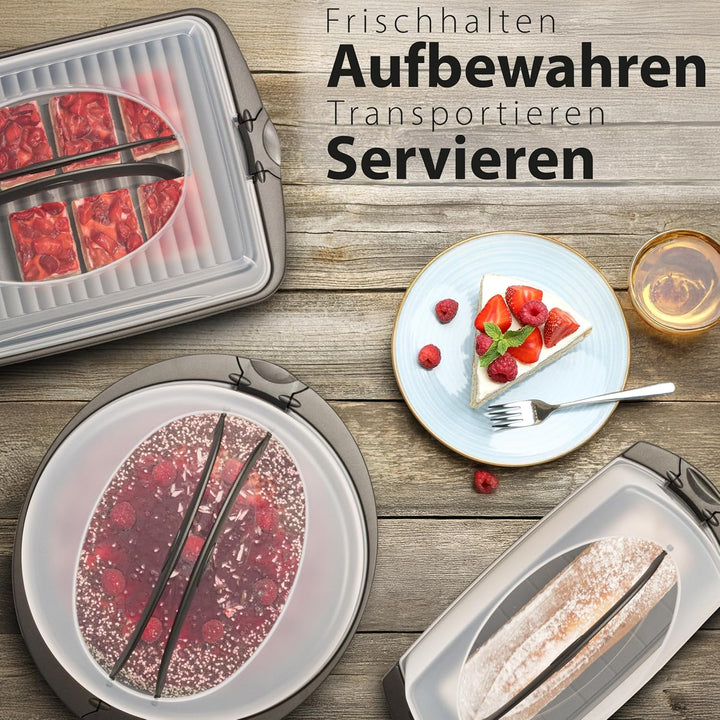 Hausfelder Kuchen Transportboxen Set (Vorteilspack - 1x rund, 1x rechteckig für Blechkuchen, 1x rech