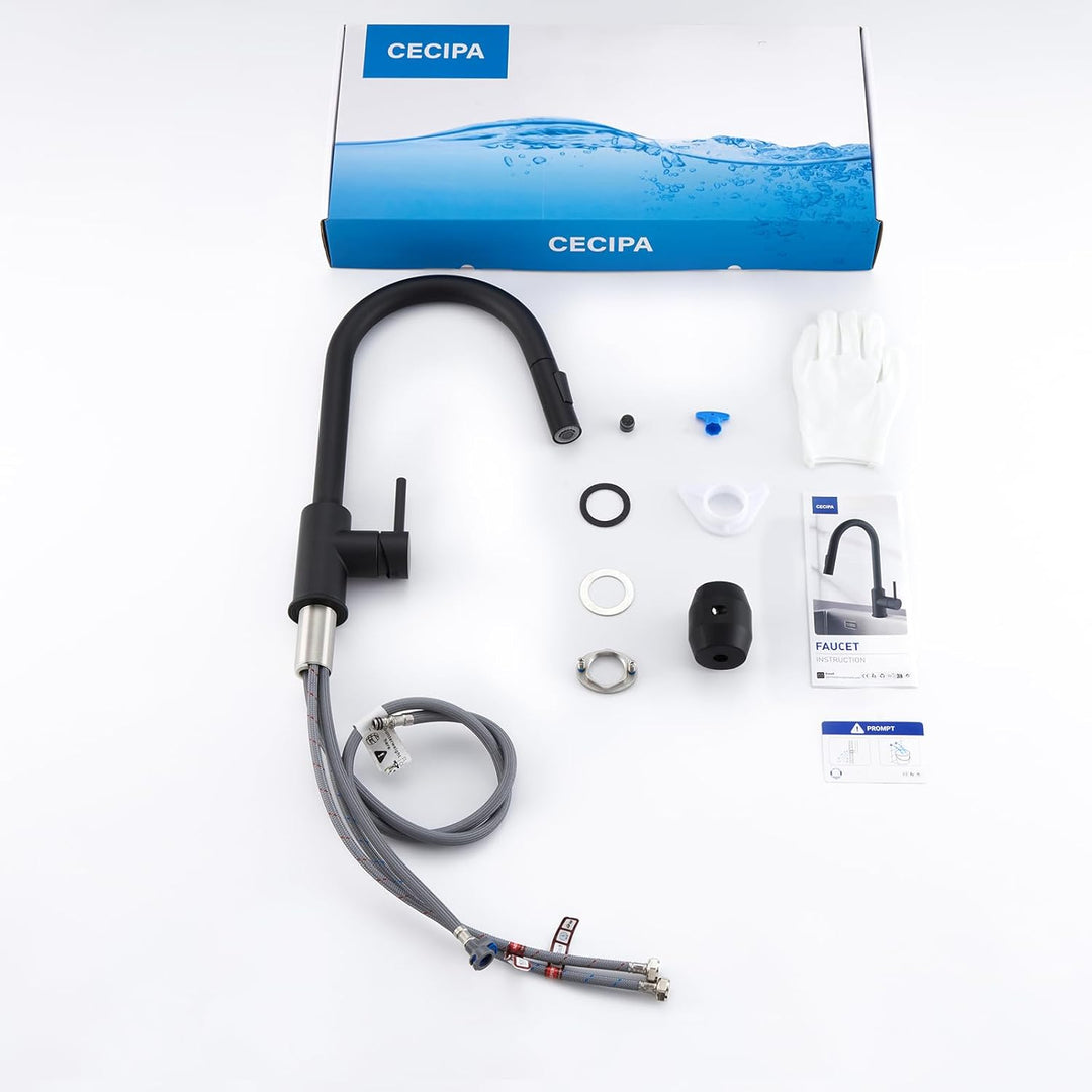 CECIPA Wasserhahn Küche Schwarz, Mischbatterie Küche mit Hohem Bogen, Hochdruck Küchenarmatur mit Br