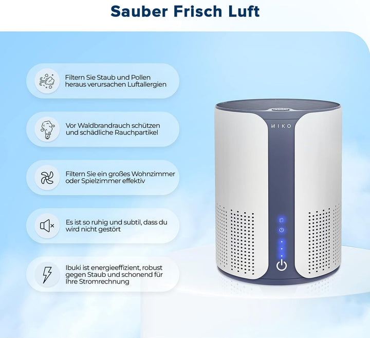MIKO HEPA Luftreiniger für Zuhause deckt bis zu 86 m2, 3 Lüftergeschwindigkeiten, integrierter Timer