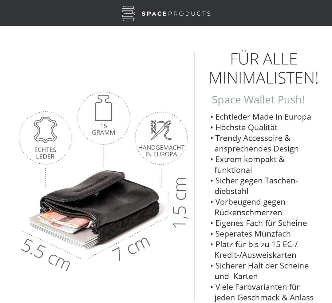 Space Products ® Mini Geldbörse schwarz I Sehr kleines Echtleder Wallet/Portemonnaie mit Münzfach I