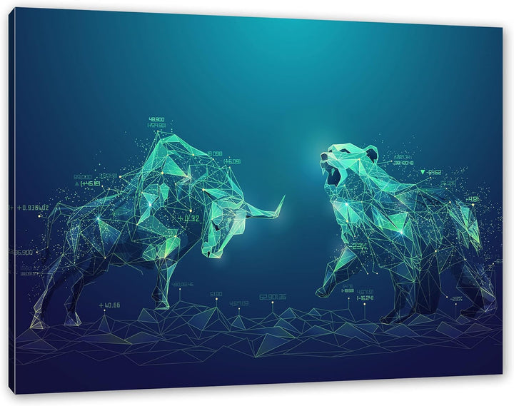 Pixxprint Stier vs. Bär – Börse Aktien als Leinwandbild | Grösse: 100x70 cm | Wandbild | Kunstdruck