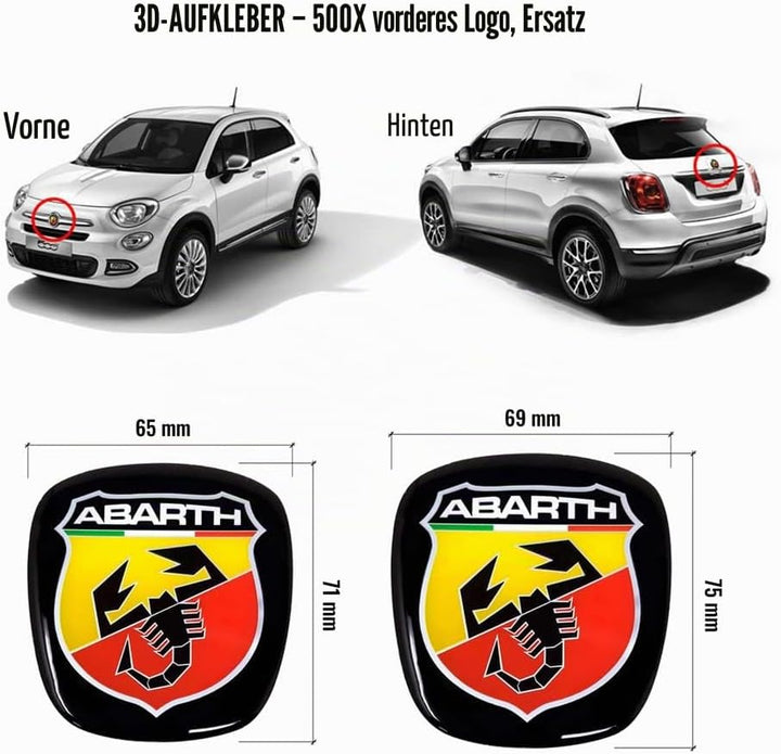Abarth Offizielles 3D-Logo-Aufkleber für FIAT 500X, vorne und hinten, 75 x 69 mm, 71 x 65 mm, rot (2