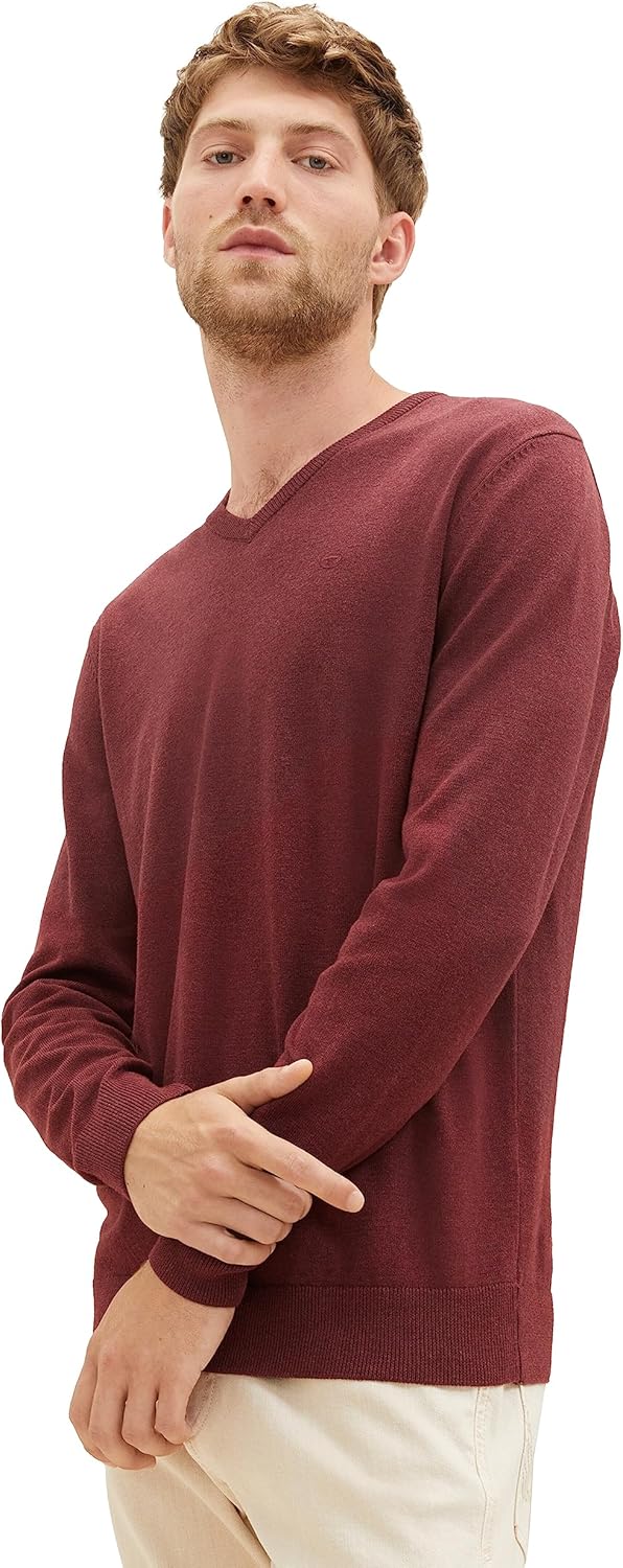 TOM TAILOR Herren Basic Strickpullover mit V-Ausschnitt XXL 32620 - Tawny Port Red Melange, XXL 3262