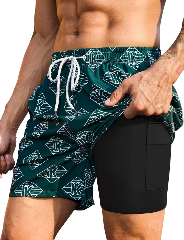 KBVOT Badehose Herren mit Kompression Liner Schnelltrocknend Badeshorts Männer Kurz Boardshorts Schw
