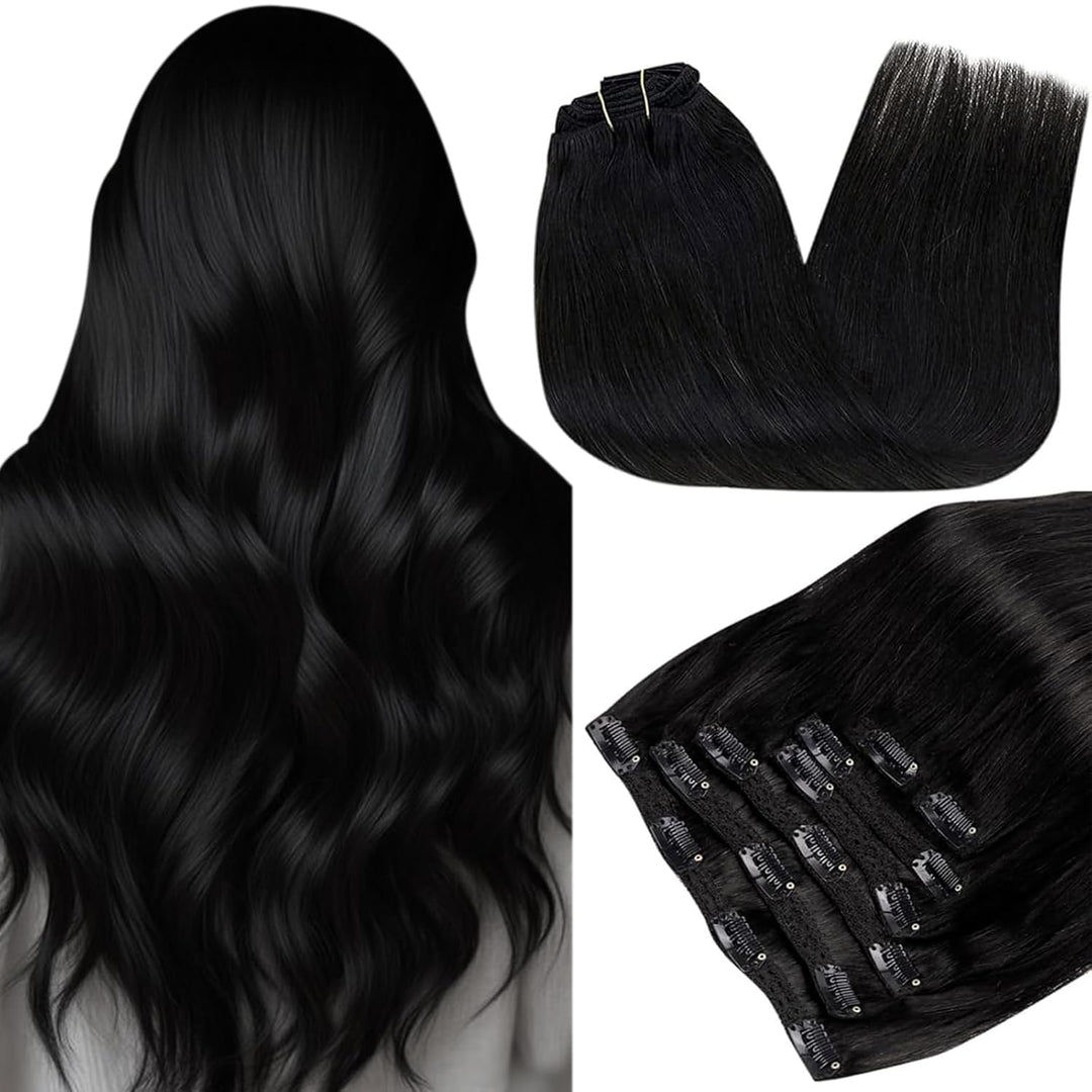 RUNATURE Clip Echthaar Extensions Aus Schwarz Remy Clip in Kurz Haarverlangerung Glatt Haar Clip in