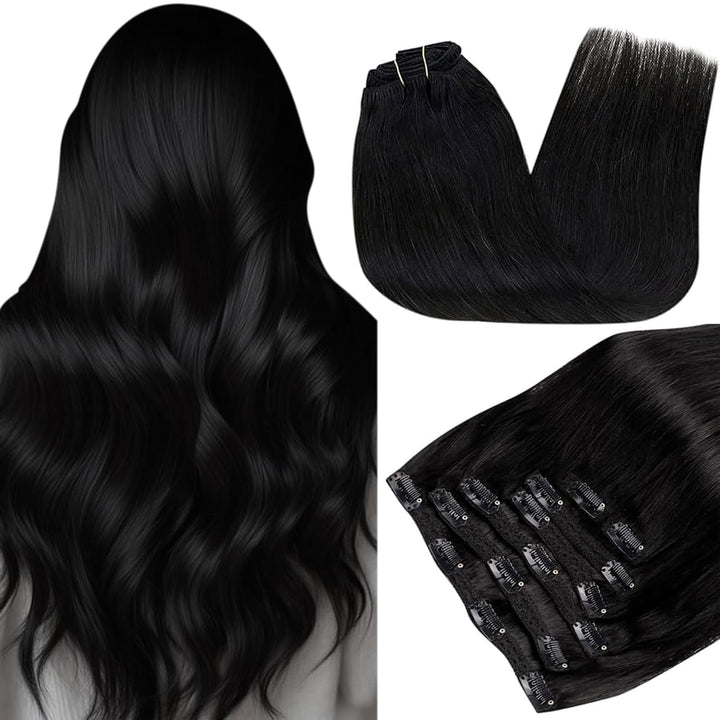 RUNATURE Clip Echthaar Extensions Aus Schwarz Remy Clip in Kurz Haarverlangerung Glatt Haar Clip in
