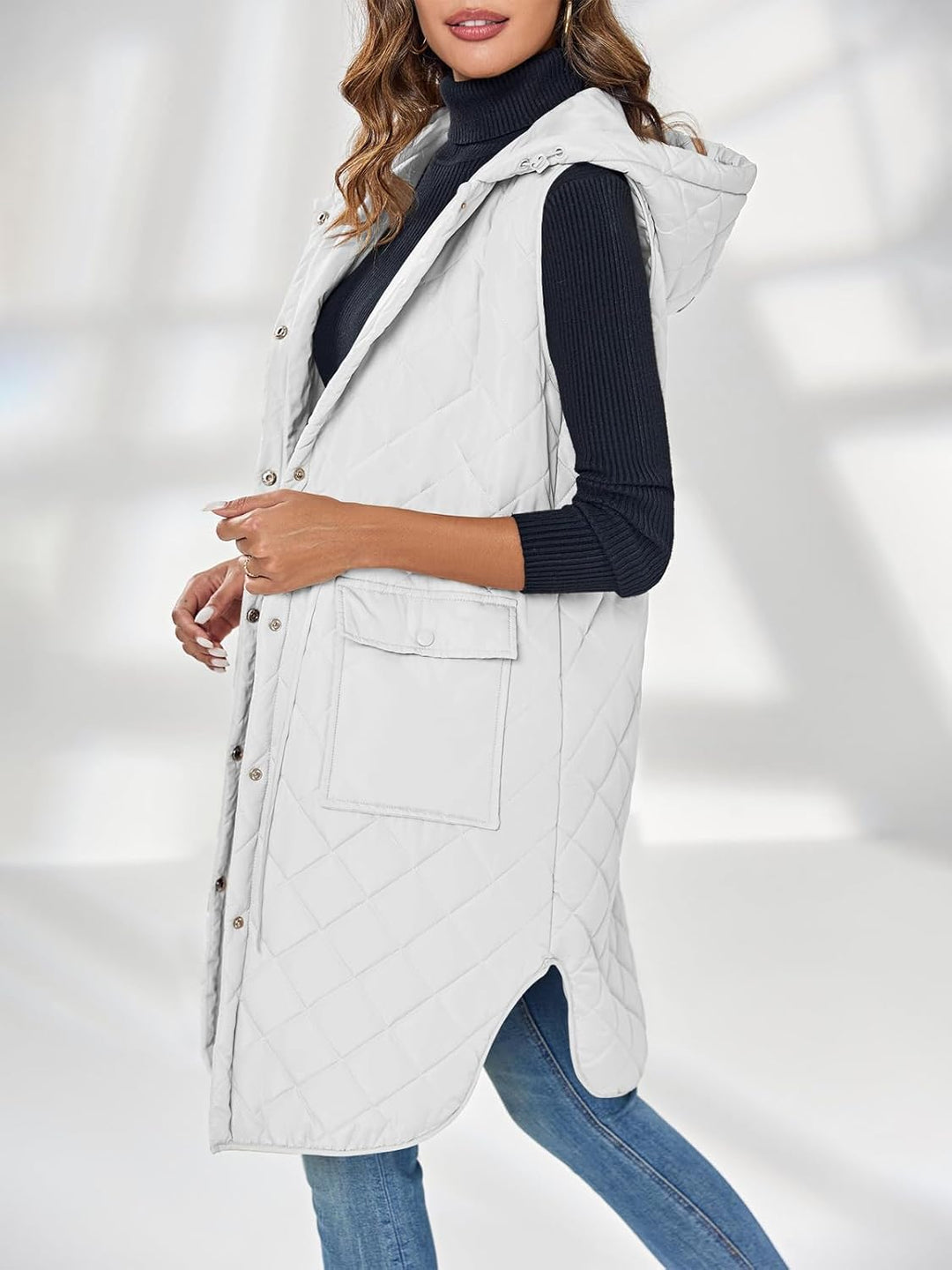 Wenrine Damen Weste Lang Ärmellose Winter Steppweste mit Kapuze und Taschen Casual S Weiss, S Weiss