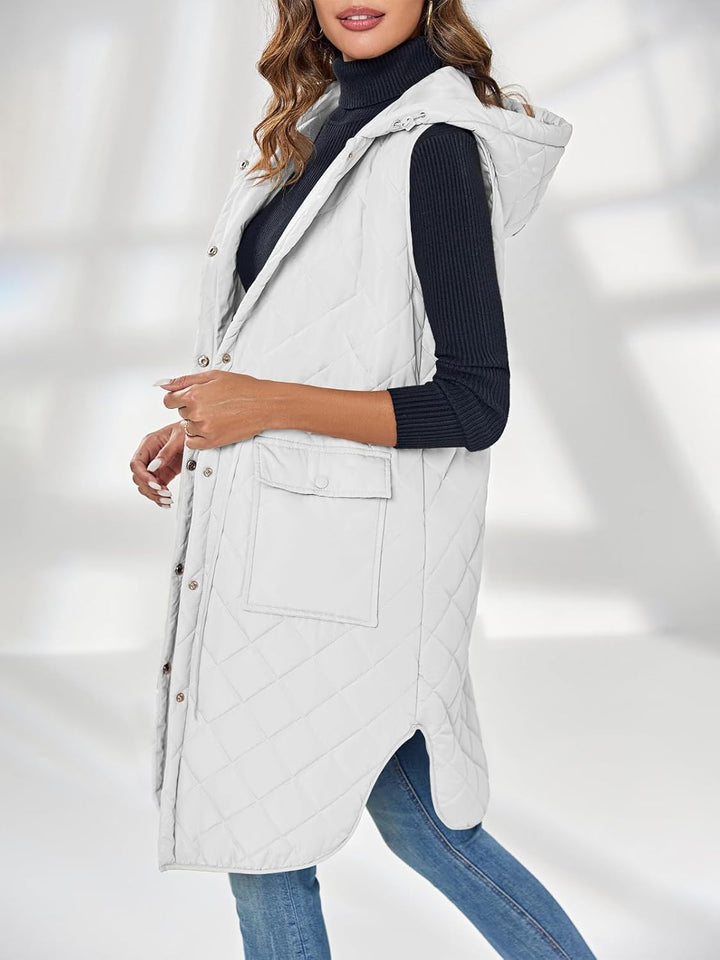 Wenrine Damen Weste Lang Ärmellose Winter Steppweste mit Kapuze und Taschen Casual S Weiss, S Weiss