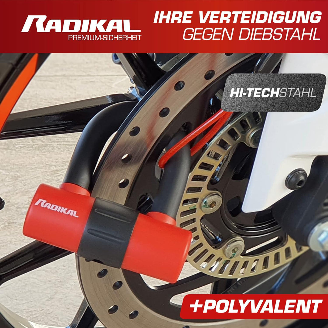 RADIKAL RK72 Motorrad Mini Bügelschloss 14mm Doppelfunktion, Bremsscheibenschloss oder Vorhängeschlo