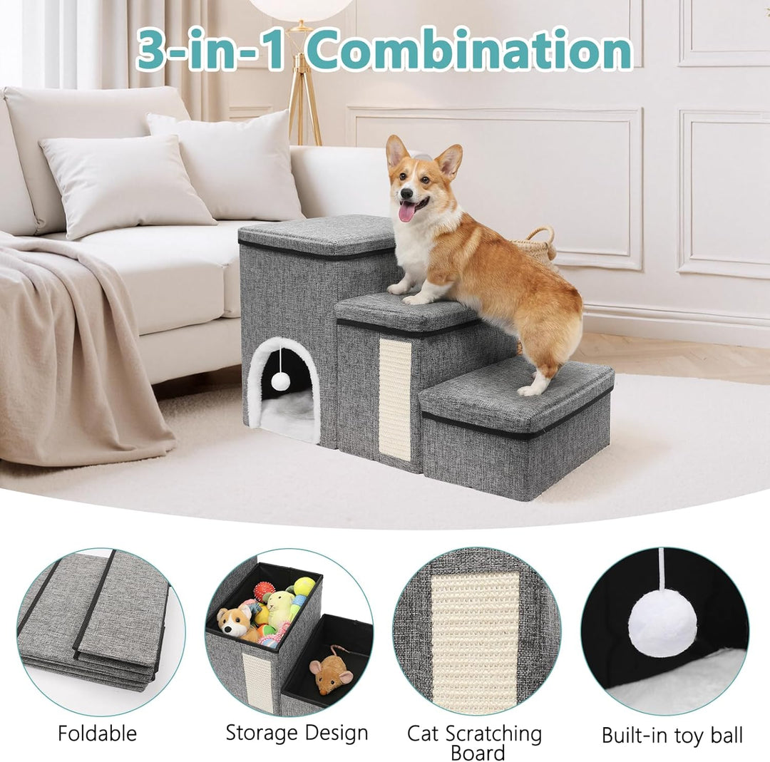 Newthinking Hundetreppe 3 Stufen mit Stauraum, rutschfeste & Faltbare Treppe für kleine Hunde, älter