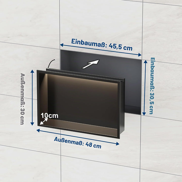Wandnische Dusche 304 Edelstahl mit LED-Beleuchtung, Einbau-Duschnische Schwarz Einzelregal Lagerung
