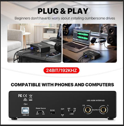 USB Audio Interface, EBXYA 24-Bit/192 kHz USB Soundkarte für Mac, PC, Phone, Mit MIC/XLR/Line Eingän