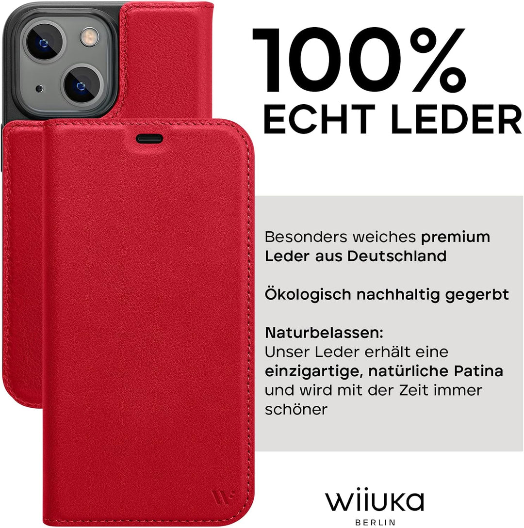 WIIUKA Hülle für iPhone 14, Leder aus Deutschland, mit Kartenfach, extra Dünn, Handyhülle mit Standf