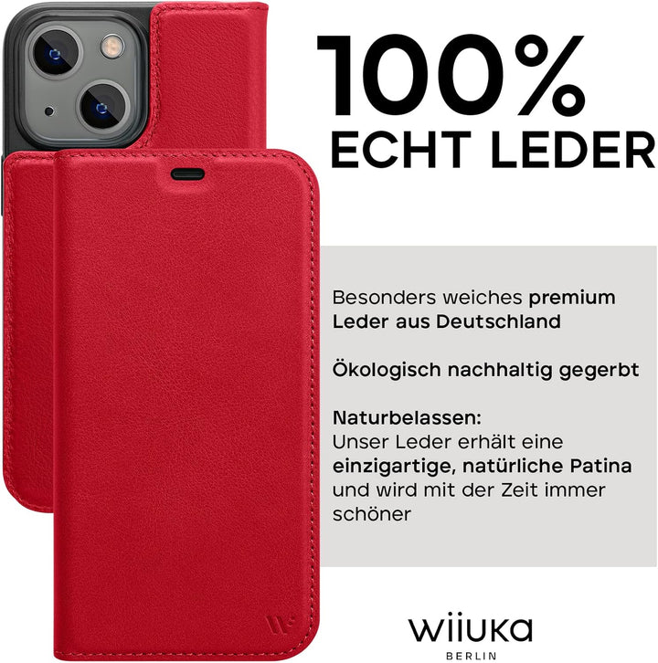 WIIUKA Hülle für iPhone 14, Leder aus Deutschland, mit Kartenfach, extra Dünn, Handyhülle mit Standf