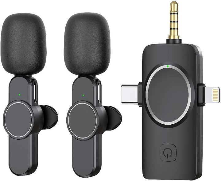 Callstel Funkmikrofon: 2er-Set Ansteck-Funk-Mikrofone, Akku, für USB-C, 8-PIN, 3,5-mm-Klinke (Smartp