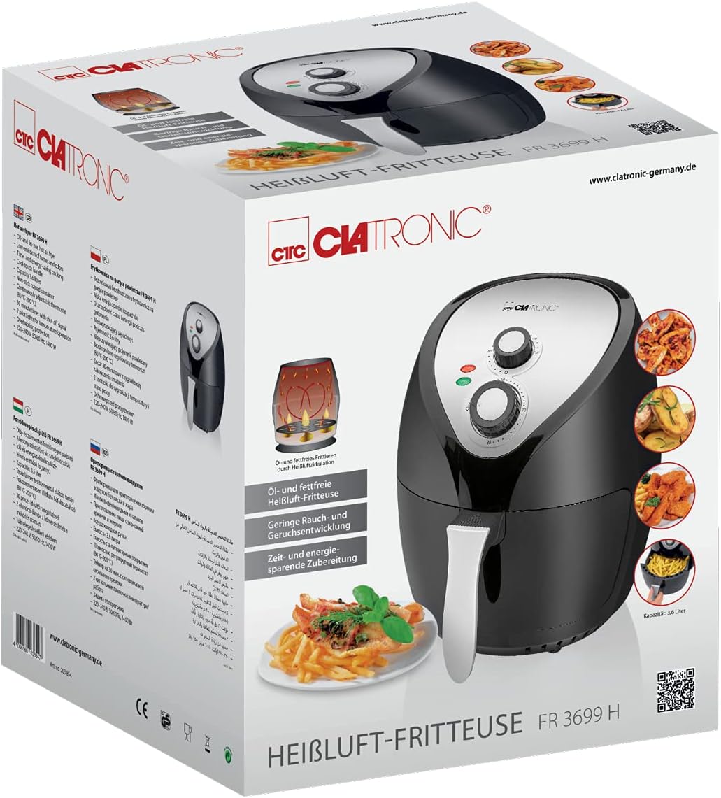 Clatronic Heissluft-Fritteuse FR 3699 H, 3,6 L, stufenlos regelbarer Thermostat, 30-Minuten-Timer mi