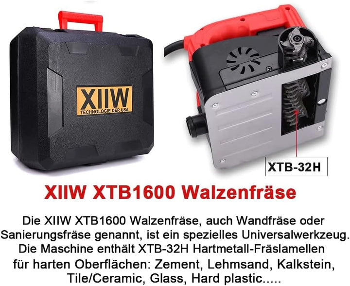 XIIW Betonfräse für Harten Oberflächen, 1600W 4000UPM Walzenfräse Sanierungsfräse Putzfräse Mauerfrä