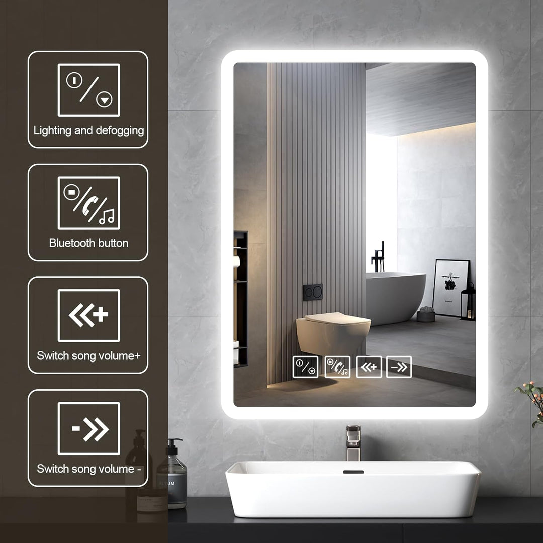 Badspiegel mit Beleuchtung mit Bluetooth Lautsprecher 50x70cm,Runden LED Badezimmerspiegel mit Entfo