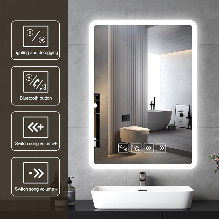 Badspiegel mit Beleuchtung mit Bluetooth Lautsprecher 50x70cm,Runden LED Badezimmerspiegel mit Entfo
