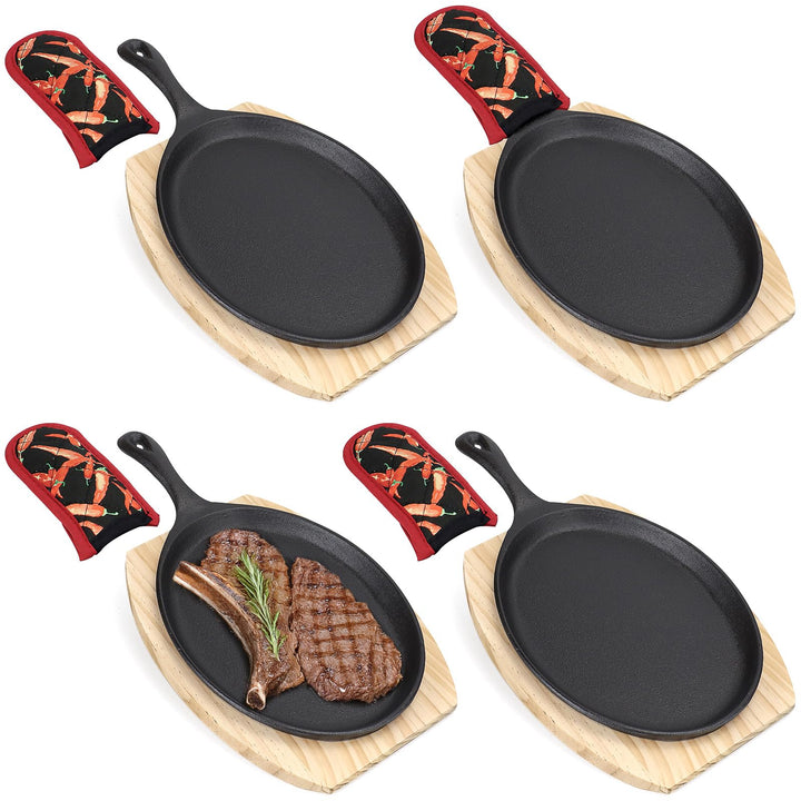 4er Set Servierpfannen Set aus Gusseisen, 37cm Ovale Grillpfanne Gusseisen mit Holzuntersetzern und
