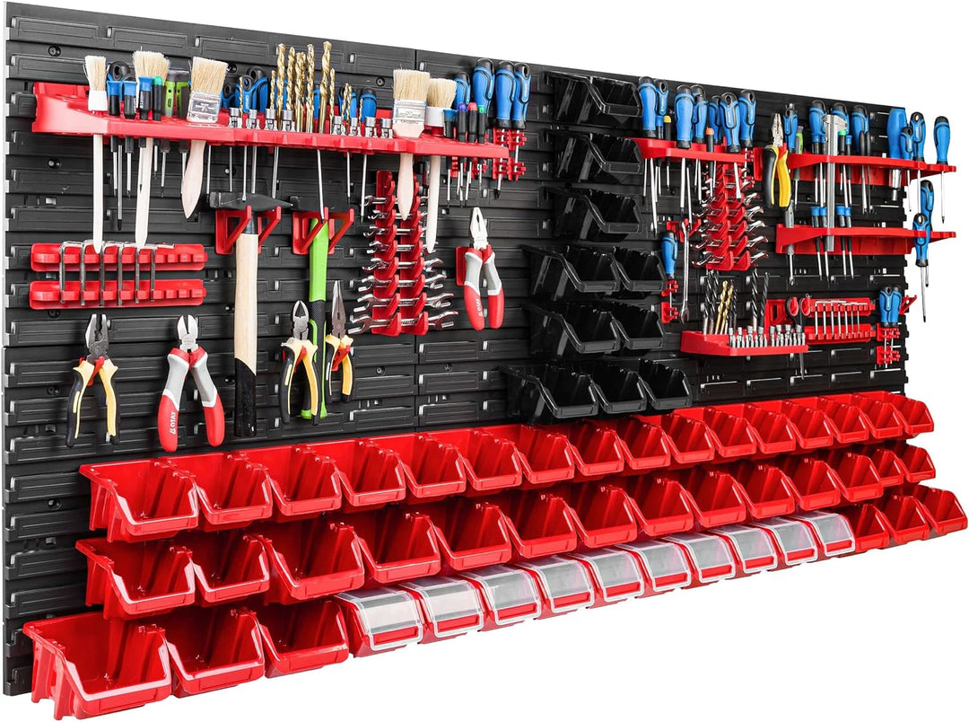 Lagersystem Werkstattregal | 172 x 78 cm | 56 stck. Box | Wandregal mit Werkzeughalterungen und Stap
