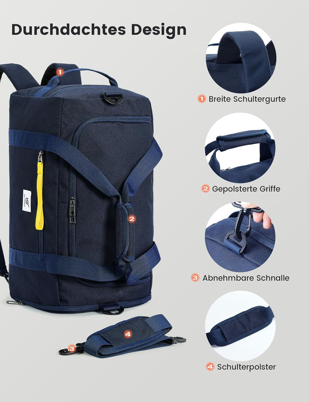 SKYSPER Sporttasche Herren 40l, Sporttasche mit Rucksackfunktion Reisetasche Gym Tasche mit Schuhfac