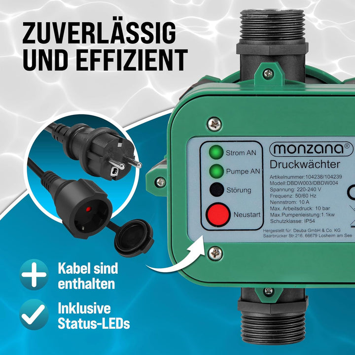 MONZANA® Druckwächter Druckschalter mit Kabel 10 Bar Gartenbewässerung Pumpensteuerung Hauswasserwer