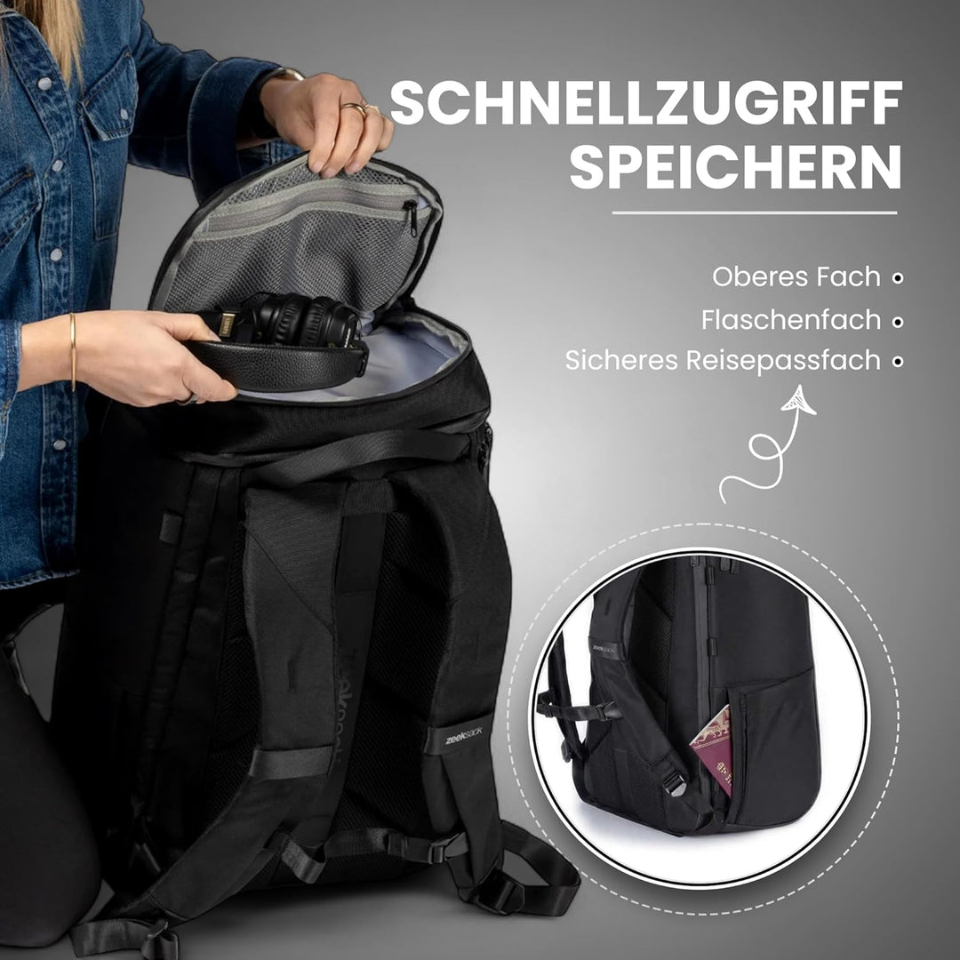 Zeeksack The Organizer - Grosser Rucksack Schwarz 40L - Wasserabweisende Reisetasche mit Laptopfach,