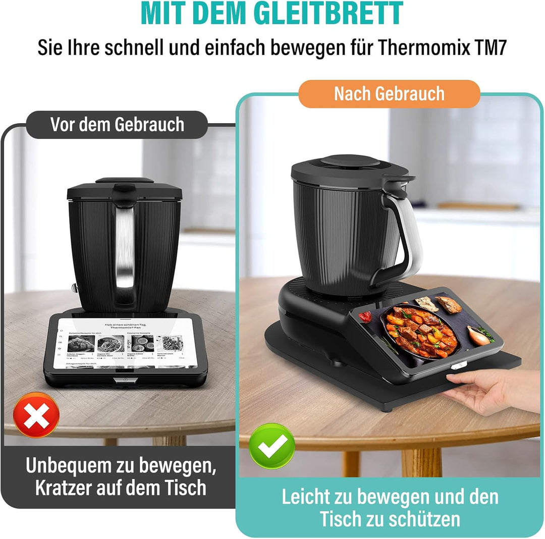 Bambus Gleitbrett für Thermomix TM7 – Mit 360° Rollen + Rutschfest Gummifüsse des Schnelles Bewegen/