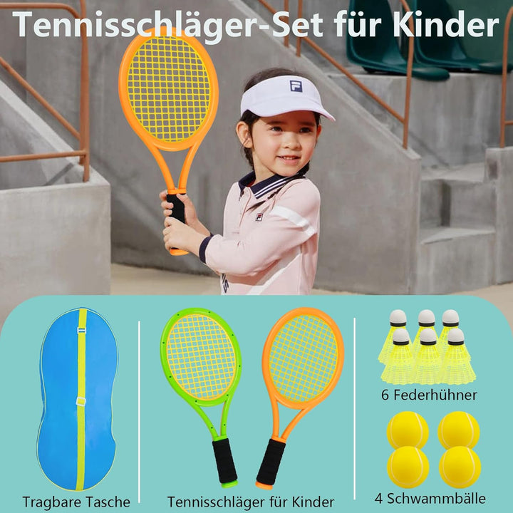 Kinder tennisschläger Set 17 Zoll,Mit 4 weichen Trainingsbällen & 6 Badminton-Federbällen – Geeignet