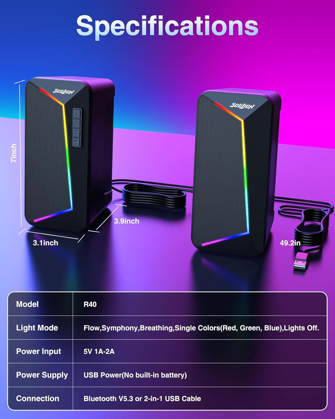 SOULION R40 Computer Lautsprecher, 2.0 USB-betriebene PC Lautsprecher, RGB Beleuchtung Lautsprecher