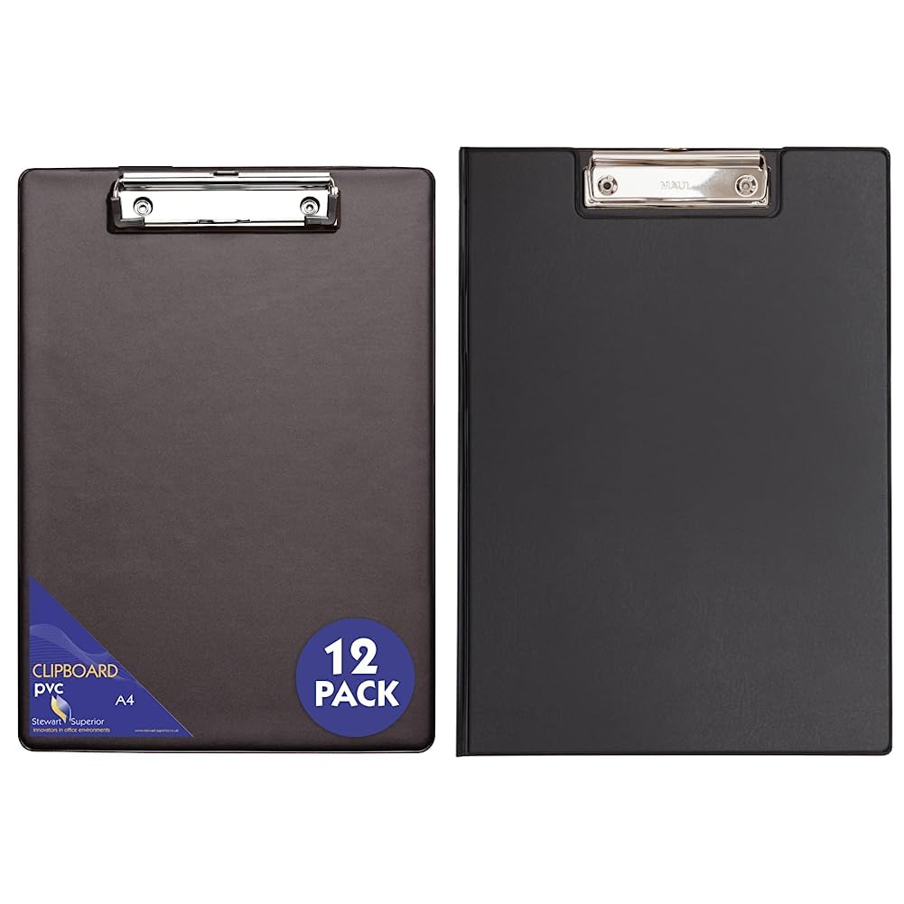 SECO Stewart Superior A4+ PVC beschichtetes Klemmbrett mit Hochleistungsklammer - Schwarz (12er Pack