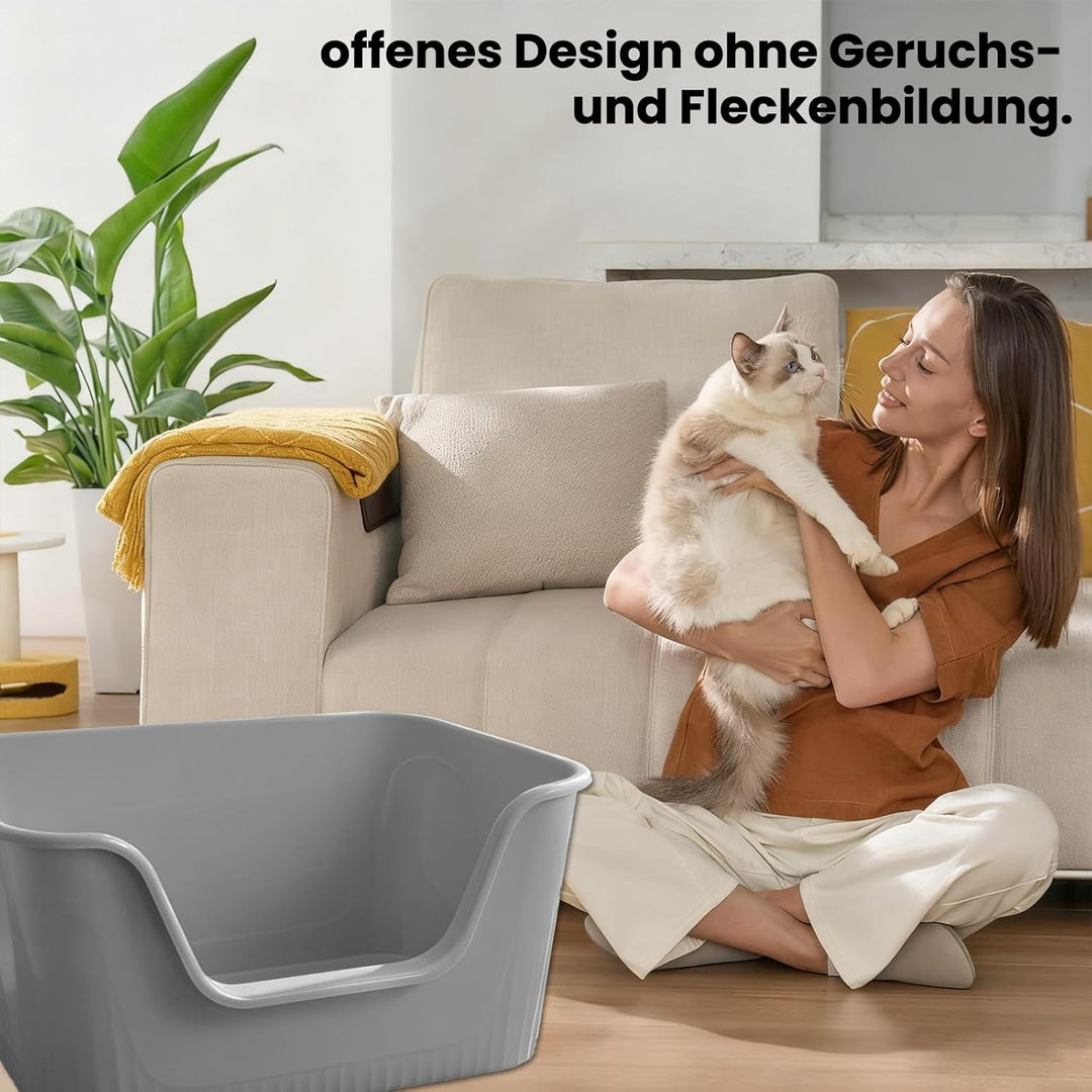 Katzenklo Mit hohem Rand, Grau Katzentoilette Offen Standard (60L) – 54x40x27 cm, Matte & Schaufel,