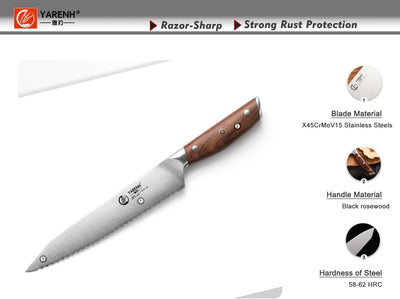 YARENH Küchenmesser Brotmesser Scharf - Wellenschliff - 20 cm Edelstahl Klingen und Holzgriff Brotme