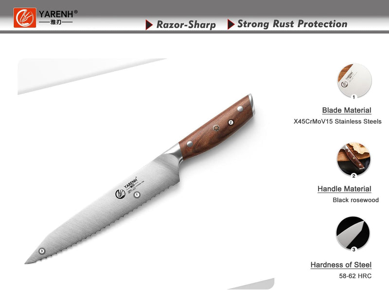 YARENH Küchenmesser Brotmesser Scharf - Wellenschliff - 20 cm Edelstahl Klingen und Holzgriff Brotme