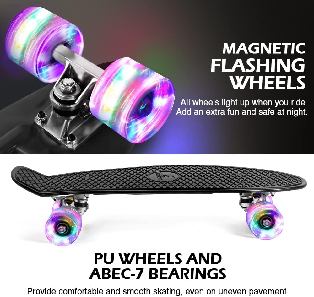 BELEEV Skateboard Komplette 22 Zoll Mini Cruiser Skateboard für Kinder Jugendliche Erwachsene, LED L