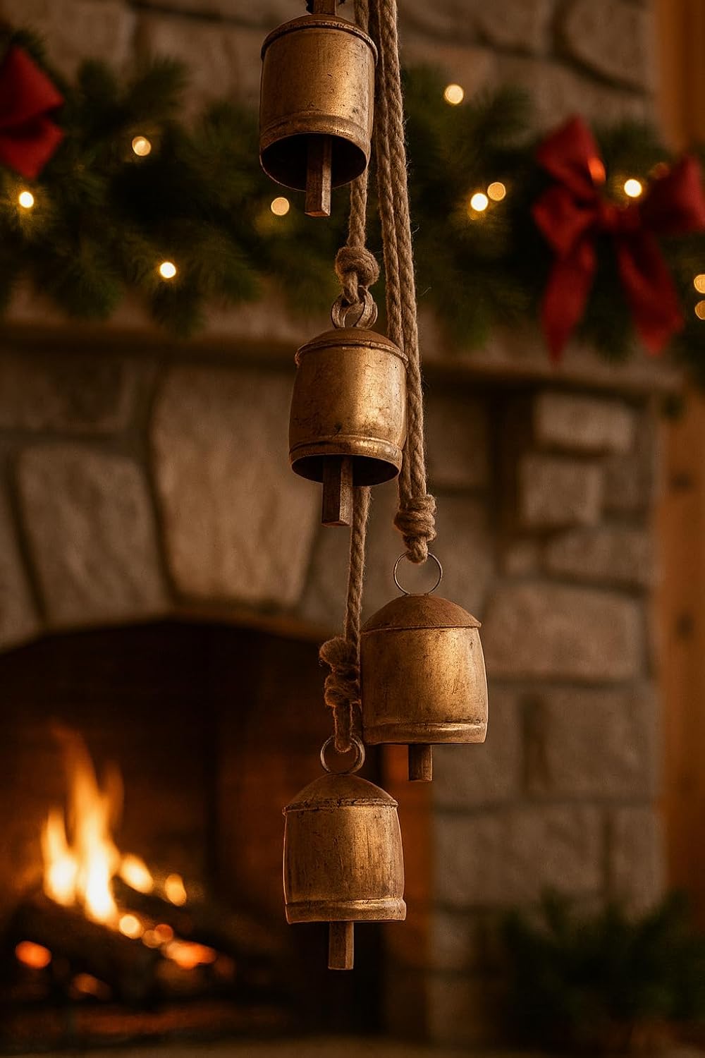 4 Grosse Rustikale Kuhglocken am Seil – Weihnachtsglocken in Antikgold für Kamin, Veranda oder Garte