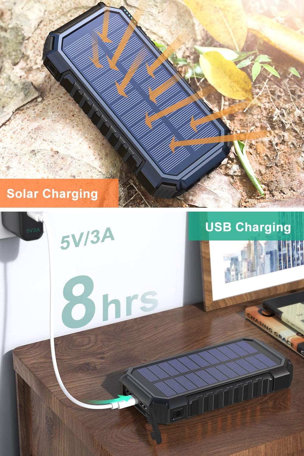 Solar Powerbank 26800mAh, Hiluckey Wireless Solar Ladegerät mit 4 Ausgängen USB C 3A Solar Power Ban