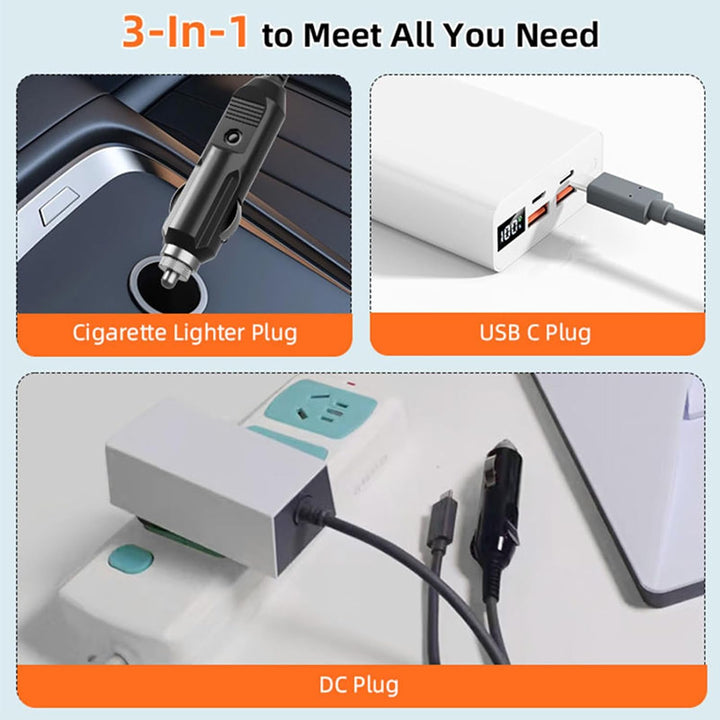 3 in 1 Autoladegerät mit USB C auf DC, 3M, 100W, Type C/D-C/Autoladegerät zu DC Ersatzkabel, Mehrere
